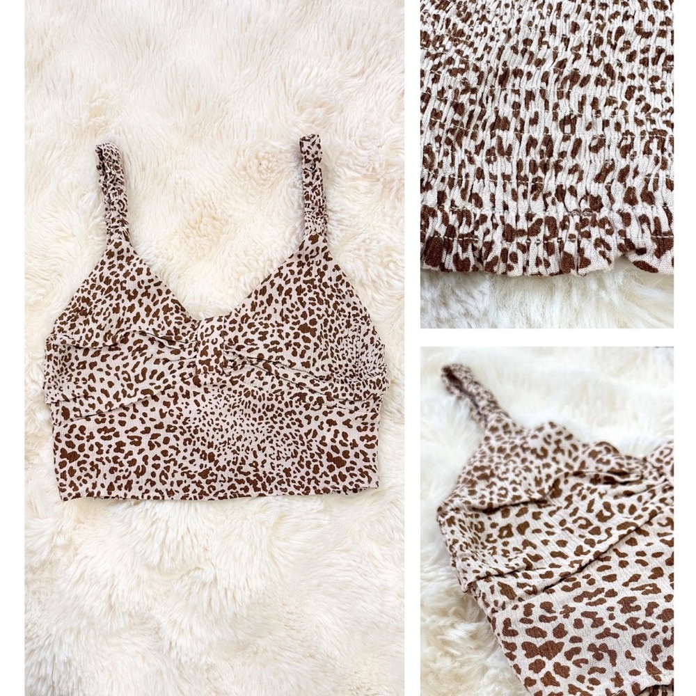 Paper Crane Leopard Print Smocked Cropped Cami - Beige & Brown